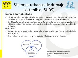 Sistemas urbanos de drenaje
              sostenible (SUDS)
Definición y objetivos
• Sistemas de drenaje diseñados para manejar los riesgos ambientales
  asociados a la escorrentía urbana y para potenciar el valor ambiental.
• Su filosofía consiste en replicar en la forma más cercanamente posible el
  sistema natural de drenaje de un sitio antes de su conversión a ambiente
  urbano.
OBJETIVOS
• Minimizar los impactos del desarrollo urbano en la cantidad y calidad de la
  escorrentía.
• Maximizar las amenidades y las oportunidades para la biodiversidad



                   Cantidad           Calidad



                          Amenidades            Objetivos del drenaje sostenible
                          biodiversidad         (Fuente: Woods-Ballard et al,
                                                2007)
 