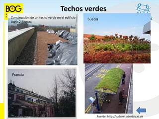 Techos verdes
Construcción de un techo verde en el edificio   Suecia
Logic 2 Bogotá




Francia




                                                     Fuente: http://sudsnet.abertay.ac.uk
 