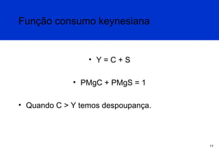 Função consumo keynesiana

• Y=C+S
• PMgC + PMgS = 1
• Quando C > Y temos despoupança.

11

 