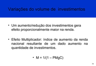 Variações do volume de investimentos

• Um aumento/redução dos investimentos gera
efeito proporcionalmente maior na renda.
• Efeito Multiplicador: índice de aumento da renda
nacional resultante de um dado aumento na
quantidade de investimentos.
• M = 1/(1 – PMgC)
19

 