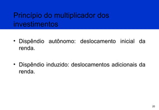 Princípio do multiplicador dos
investimentos
• Dispêndio autônomo: deslocamento inicial da
renda.
• Dispêndio induzido: deslocamentos adicionais da
renda.

20

 