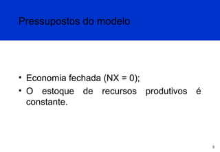Pressupostos do modelo

• Economia fechada (NX = 0);
• O estoque de recursos produtivos é
constante.

5

 