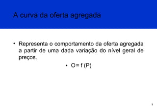 A curva da oferta agregada

• Representa o comportamento da oferta agregada
a partir de uma dada variação do nível geral de
preços.
• O = f (P)

9

 