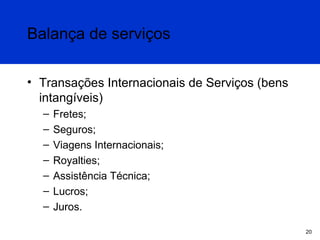 Balança de serviços
• Transações Internacionais de Serviços (bens
intangíveis)
–
–
–
–
–
–
–

Fretes;
Seguros;
Viagens Internacionais;
Royalties;
Assistência Técnica;
Lucros;
Juros.
20

 