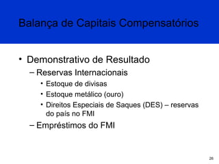 Balança de Capitais Compensatórios
• Demonstrativo de Resultado
– Reservas Internacionais
• Estoque de divisas
• Estoque metálico (ouro)
• Direitos Especiais de Saques (DES) – reservas
do país no FMI

– Empréstimos do FMI

26

 