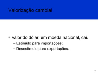 Valorização cambial

• valor do dólar, em moeda nacional, cai.
– Estímulo para importações;
– Desestímulo para exportações.

6

 