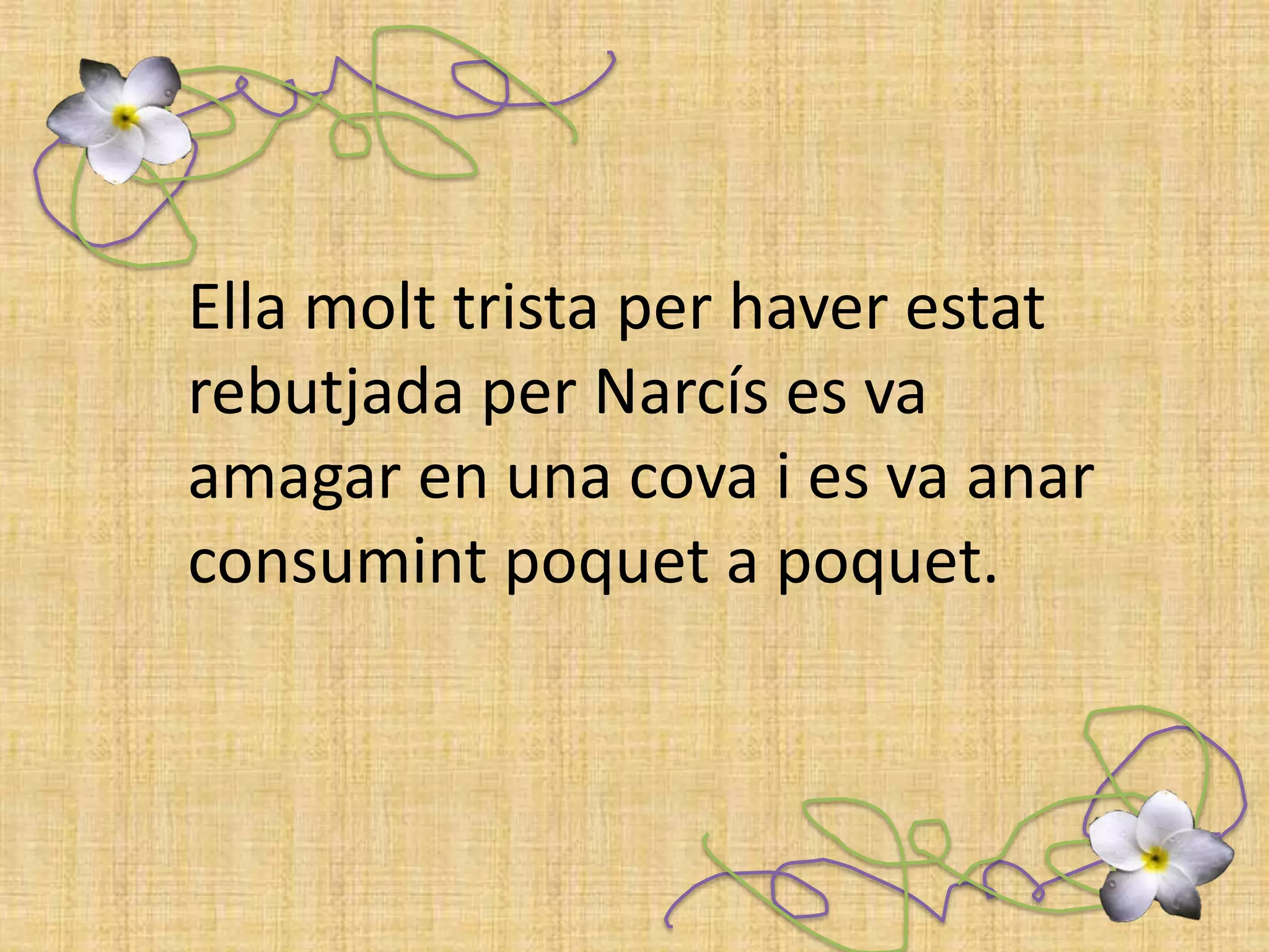 Ella molt trista per haver estat rebutjada per Narcís es va amagar en una cova i es va anar consumint poquet a poquet. 