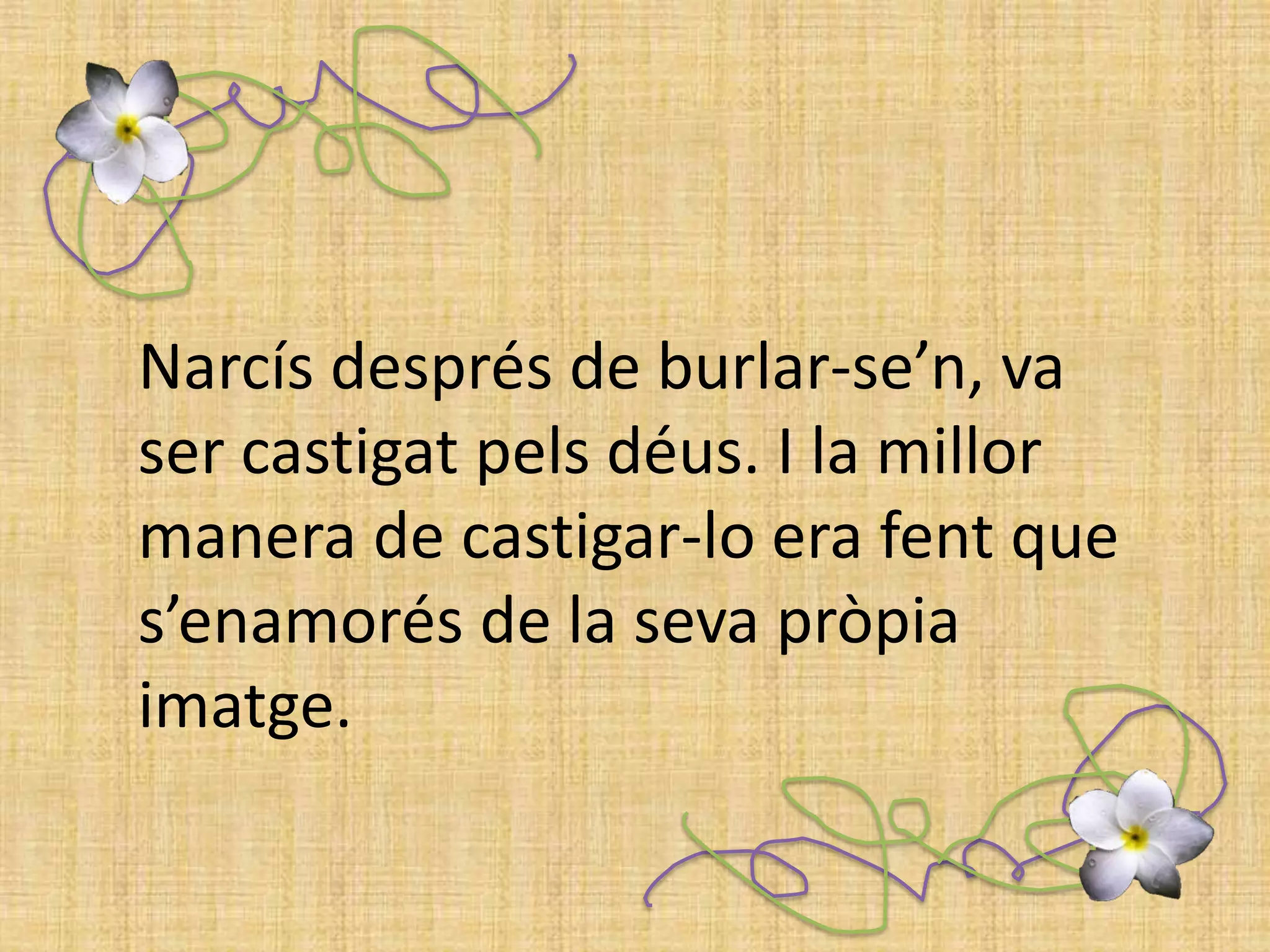 Narcís després de burlar-se’n, va ser castigat pels déus. I la millor manera de castigar-lo era fent que s’enamorés de la seva pròpia imatge.