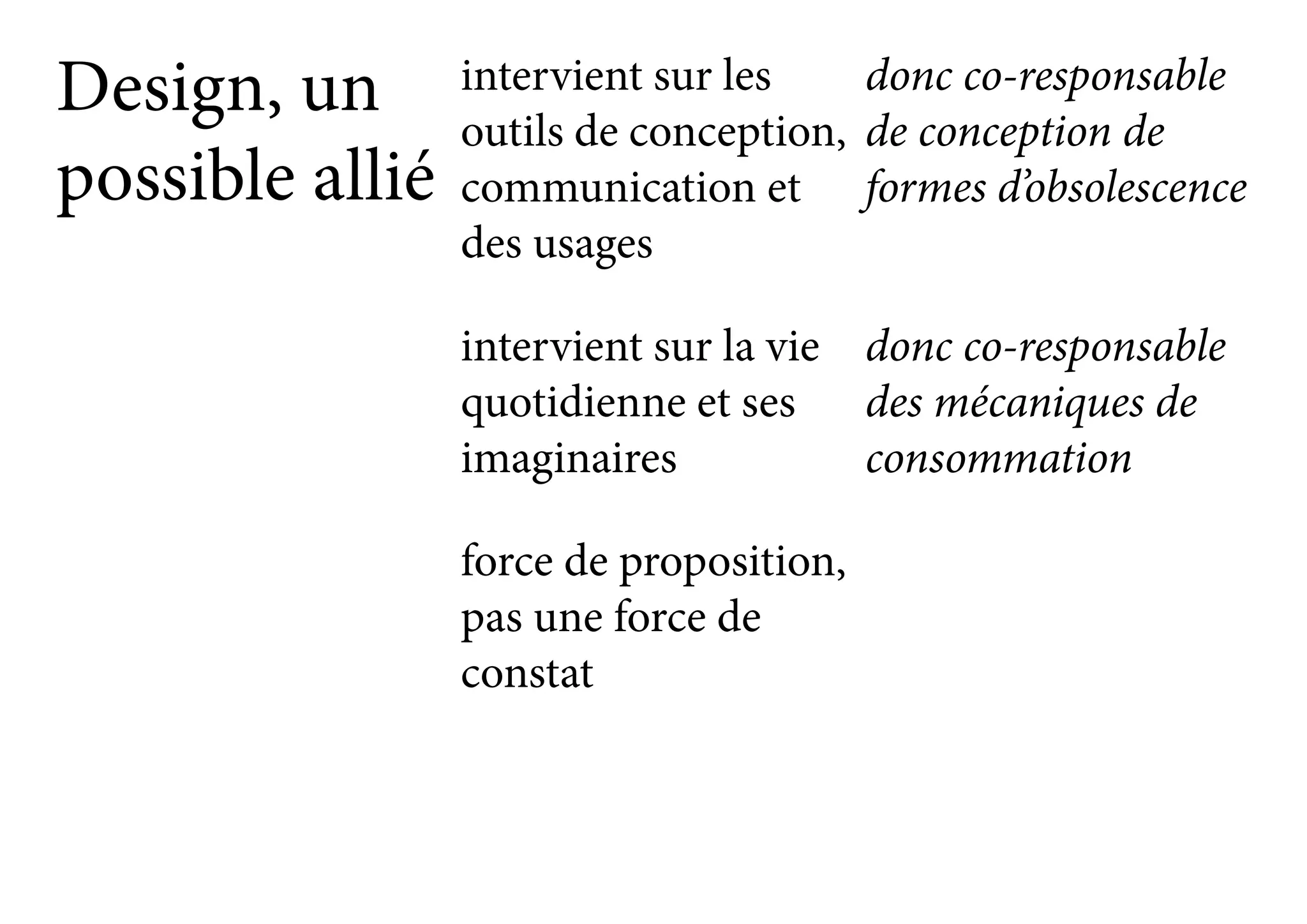 intervient sur les
outils de conception,
communication et
des usages
donc co-responsable
de conception de
formes d’obsolescence
donc co-responsable
des mécaniques de
consommation
intervient sur la vie
quotidienne et ses
imaginaires
force de proposition,
pas une force de
constat
Design, un
possible allié
 