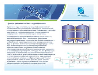 Принцип действия системы водоподготовки:
Удаление из воды нежелательных веществ (в зависимости от
назначения системы) происходит в фильтрующих колоннах систем,
которые являются напорными фильтрами. Содержащиеся в исходной
воде вещества, подлежащие удалению, отфильтровываются
находящимися в колоннах фильтрующими материалами.
Технологический процесс обезжелезивания основывается на
аэрации артезианской воды с последующей фильтрацией
окислившихся и выпавших в осадок частиц . Концентрация железа в
необработанной воде определяется после проведения анализов.
Вода из фильтров обезжелезивания подаётся в резервуары чистой
воды. Номинальная мощность станции обезжелезивания
вычисляется из объема потребления. Обработка воды
обеспечивается в одном либо в нескольких фильтрах в зависимости
от качества воды и производительности. Для отмывки фильтрующих
материалов от загрязнений и восстановления их первоначальных
свойств периодически через определенные промежутки времени или
по потере давления на фильтр подается поток воды, имеющий
противоположное направление (обратная промывка). Фильтры
подбираются так, чтобы во время промывки одной колонны
оставшиеся в работе колонны обеспечивали 100% процесс
обезжелезивания с необходимой производительностью.
 