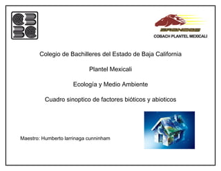 Colegio de Bachilleres del Estado de Baja California

                            Plantel Mexicali

                     Ecología y Medio Ambiente

          Cuadro sinoptico de factores bióticos y abioticos




Maestro: Humberto larrinaga cunninham
 
