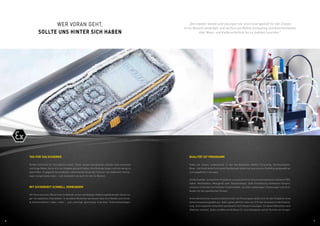 8 9
Wer voran geht,
sollte uns hinter sich haben
QUALITÄT IST PROGRAMM
Teilen Sie unsere Leidenschaft. In den Kernbereichen Mobile Computing, Kommunikation,
Mess- und Kalibriertechnik sowie Handlampen bieten wir eine enorme Vielfalt praxisbewährter
und ausgefeilter Lösungen.
Solide Qualität, verlässliche Produktion und persönlicher Service kennzeichnen Industrie-PDA,
Tablet, Mobiltelefon, Messgerät oder Taschenlampe: Jede Einzellösung kombiniert kompro-
misslose Sicherheit mit höchster Funktionalität, bei allen notwendigen Zulassungen und Zerti-
fikaten für den spezifischen Einsatz.
Unternehmerische Investitionsbereitschaft und Pioniergeist zahlen sich mit dem Ergebnis eines
hohen Innovationsgrades aus. Dafür gehen jährlich mehr als 10 % des Umsatzes in die Entwick-
lung. ecom Experten entwickeln permanent noch bessere Lösungen, mit denen Menschen noch
effektiver arbeiten. Dabei schaffen sie die Basis für neue Standards und die Technik von morgen.
TAG FÜR TAG SICHERER
Größte Sicherheit für Ihre tägliche Arbeit. Hinter diesem Versprechen stecken viele innovative
und kluge Köpfe, die es sich zur Aufgabe gemacht haben, Ihre Anforderungen noch ein wenig zu
übertreffen. Engagierte Vorausdenker sehen bereits heute die Chancen, die modernste Techno-
logie morgen bieten kann – und realisieren sie auch für den Ex-Bereich.
Mit Sicherheit schnell verbunden
Off-Shore auf einer Ölbohrinsel im Atlantik, einem weitläufigen Raffineriegelände oder einem La-
ger mit explosiven Chemikalien: In sensiblen Bereichen wie diesen kann eine flexible und schnel-
le Kommunikation Leben retten – und unterliegt gleichzeitig schärfsten Sicherheitsauflagen.
„Die mobilen Geräte und Lösungen von ecom sind speziell für den Einsatz
im Ex-Bereich entwickelt und reichen von Mobile Computing und Kommunikation
über Mess- und Kalibriertechnik bis zu mobilen Leuchten.“
 