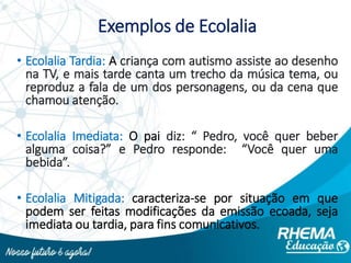 Exemplos de Ecolalia
• Ecolalia Tardia: A criança com autismo assiste ao desenho
na TV, e mais tarde canta um trecho da música tema, ou
reproduz a fala de um dos personagens, ou da cena que
chamou atenção.
• Ecolalia Imediata: O pai diz: “ Pedro, você quer beber
alguma coisa?” e Pedro responde: “Você quer uma
bebida”.
• Ecolalia Mitigada: caracteriza-se por situação em que
podem ser feitas modificações da emissão ecoada, seja
imediata ou tardia, para fins comunicativos.
 
