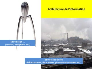 Architecture de l’information Entre design ... (services, navigation, etc.) Et industrie lourde (infrastructures, datacenters, gisements de données etc.) 