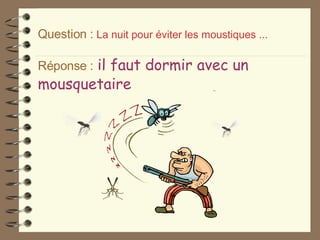 Question :   La nuit pour éviter les moustiques ... Réponse :   il faut dormir avec un mousquetaire   