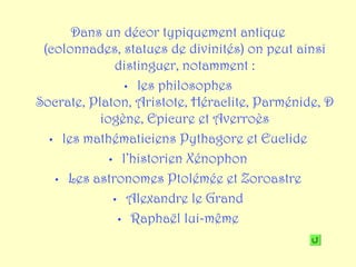 Dans un décor typiquement antique
 (colonnades, statues de divinités) on peut ainsi
              distinguer, notamment :
                • les philosophes
Socrate, Platon, Aristote, Héraclite, Parménide, D
           iogène, Epicure et Averroès
  • les mathématiciens Pythagore et Euclide

             • l’historien Xénophon

   • Les astronomes Ptolémée et Zoroastre

              • Alexandre le Grand

               • Raphaël lui-même
 