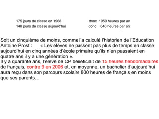 175 jours de classe en 1968
140 jours de classe aujourd'hui

donc 1050 heures par an
donc 840 heures par an

Soit un cinquième de moins, comme l’a calculé l’historien de l’Education
Antoine Prost :
« Les élèves ne passent pas plus de temps en classe
aujourd’hui en cinq années d’école primaire qu’ils n’en passaient en
quatre ans il y a une génération ».
Il y a quarante ans, l’élève de CP bénéficiait de 15 heures hebdomadaires
de français, contre 9 en 2006 et, en moyenne, un bachelier d’aujourd’hui
aura reçu dans son parcours scolaire 800 heures de français en moins
que ses parents…

 