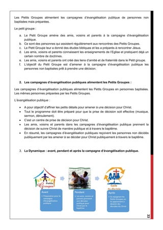 33
Les Petits Groupes alimentent les campagnes d’évangélisation publique de personnes non
baptisées mais préparées.
Le petit groupe :
a. Le Petit Groupe amène des amis, voisins et parents à la campagne d’évangélisation
publique.
b. Ce sont des personnes qui assistent régulièrement aux rencontres des Petits Groupes.
c. Le Petit Groupe leur a donné des études bibliques et les a préparés à rencontrer Jésus.
d. Les amis, voisins et parents connaissent les enseignements de l’Eglise et pratiquent déjà un
certain nombre de doctrines.
e. Les amis, voisins et parents ont créé des liens d’amitié et de fraternité dans le Petit groupe.
f. L’objectif du Petit Groupe est d’amener à la campagne d’évangélisation publique les
personnes non baptisées prêt à prendre une décision.
2. Les campagnes d’évangélisation publiques alimentent les Petits Groupes :
Les campagnes d’évangélisation publiques alimentent les Petits Groupes en personnes baptisées.
Les mêmes personnes préparées par les Petits Groupes.
L’évangélisation publique :
 A pour objectif d’affiner les petits détails pour amener à une décision pour Christ.
 Tout le programme doit être préparé pour que la prise de décision soit effective (musique,
sermon, déroulement).
 C’est un centre de prise de décision pour Christ.
 Les amis, voisins et parents dans les campagnes d’évangélisation publique prennent la
décision de suivre Christ de manière publique et à travers le baptême.
 En résumé, les campagnes d’évangélisation publiques reçoivent les personnes non décidés
publiquement par les amener à se décider pour Christ publiquement à travers le baptême.
3. La Dynamique : avant, pendant et après la campagne d’évangélisation publique.
 
