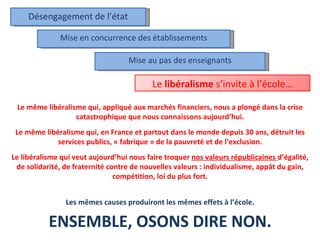 Désengagement de l’état Mise en concurrence des établissements Mise au pas des enseignants Le  libéralisme  s’invite à l’école… Le même libéralisme qui, appliqué aux marchés financiers, nous a plongé dans la crise catastrophique que nous connaissons aujourd’hui. Le même libéralisme qui, en France et partout dans le monde depuis 30 ans, détruit les services publics, « fabrique » de la pauvreté et de l’exclusion. Le libéralisme qui veut aujourd’hui nous faire troquer  nos valeurs républicaines  d’égalité, de solidarité, de fraternité contre de nouvelles valeurs : individualisme, appât du gain, compétition, loi du plus fort. ENSEMBLE, OSONS DIRE NON. Les mêmes causes produiront les mêmes effets à l’école. 