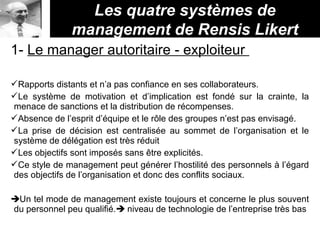 Les quatre systèmes de
management de Rensis Likert
1- Le manager autoritaire - exploiteur
Rapports distants et n’a pas confiance en ses collaborateurs.
Le système de motivation et d’implication est fondé sur la crainte, la
menace de sanctions et la distribution de récompenses.
Absence de l’esprit d’équipe et le rôle des groupes n’est pas envisagé.
La prise de décision est centralisée au sommet de l’organisation et le
système de délégation est très réduit
Les objectifs sont imposés sans être explicités.
Ce style de management peut générer l’hostilité des personnels à l’égard
des objectifs de l’organisation et donc des conflits sociaux.
Un tel mode de management existe toujours et concerne le plus souvent
du personnel peu qualifié. niveau de technologie de l’entreprise très bas
 