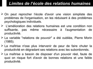 Limites de l’école des relations humainesLimites de l’école des relations humaines
 On peut reprocher l’école d'avoir une vision simpliste des
problèmes de l'organisation, en les réduisant à des problèmes
psychologiques individuels.
 L'amélioration des relations humaines est une condition non
suffisante, pas même nécessaire à l'augmentation de
productivité.
 La variable "relations de pouvoir" a été oubliée, Pierre Morin
(1985).
 La maîtrise n'ose plus intervenir de peur de faire chuter la
productivité en dégradant ses relations avec les subordonnés.
 La maîtrise a besoin de disposer d'un pouvoir réel, faute de
quoi on risque fort d'avoir de bonnes relations et une faible
productivité.
 