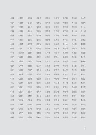 이정숙
이정아
이정자
이정화
이종연
이주학
이주학
이주현
이주현
이중인
이중표
이중희
이지선
이지애
이지영
이지윤
이지은
이지인
이진명
이진영
이진희
이창희
이춘화
이해일
이향경
이현용
이혜영
이혜정
이혜정
이효상
이희주
익명
인포허브
임경희
임동필
임부영
임성희
임순옥
임양호
임연희
임월선
임은숙
임정아
임춘옥
임현옥
임희정
장도연
장명순
장미애
장미희
장순미
장순자
장은숙
장은정
장은주
장이순
장정화
장희정
전병화
전생금
전서연
전석우
전순연
전은경
전은정
전은희
전정숙
전종율
정경희
정구영
정권화
정근혜
정금도
정동실
정명옥
정미숙
정미연
정미정
정상일
정선영
정성순
정성아
정세홍
정순희
정순희
정연주
정연호
정영미
정영숙
정옥주
정유선
정인숙
정재남
정재훈
정정희
정지영
정지현
정지화
정태항
정현경
정현숙
정현영
정혜림
정희숙
조가현
조경미
조남국
조명근
조명숙
조미경
조상희
조성근
조순천
조신영
조연화
조영재
조윤진
조은진
조인미
조정민
조정인
조태준
조행도
조현옥
조효숙
조희옥
주옥란
지명자
지민규
지양순
지현자
진혜란
차명진
차수경
차순남
차은정
차정훈
천승영
천유라
최경식
최경이
최광수
최귀남
최규원
최근대
최둘선
최미경
최민화
최복순
최석호
최선숙
최성경
최세열
최수진
최순선
최승희
최시안
최양숙
최여정
최 영
최영주
최영화
최예화
최용춘
최우람
최유정
최윤경
최윤화
최정희
최 준
최현희
최 홍
최화심
추석훈
태순이
하영아
하재남
하지유
하창길
한가람
한건우
한명수
한병기
한선화
한송희
한승협
한옥주
한의규
한정수
허달묵
허만범
허성란
허수진
허윤서
허 준
허 지
현정희
현혜경
홍경희
홍사숙
홍성진
홍순주
홍예지
홍유미
황경연
황보미
황상만
황선욱
황선정
황선화
황설아
황순옥
황정연
황정희
황지영
황화숙
 