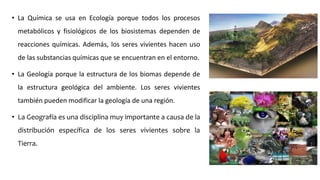 • La Química se usa en Ecología porque todos los procesos
metabólicos y fisiológicos de los biosistemas dependen de
reacciones químicas. Además, los seres vivientes hacen uso
de las substancias químicas que se encuentran en el entorno.
• La Geología porque la estructura de los biomas depende de
la estructura geológica del ambiente. Los seres vivientes
también pueden modificar la geología de una región.
• La Geografía es una disciplina muy importante a causa de la
distribución específica de los seres vivientes sobre la
Tierra.
 