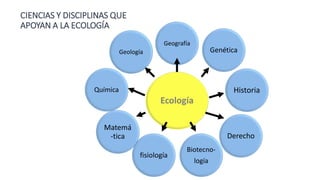 CIENCIAS Y DISCIPLINAS QUE
APOYAN A LA ECOLOGÍA
Ecología
Geografía
Genética
Historia
Derecho
Biotecno-
logía
fisiología
Matemá
-tica
Química
Geología
 