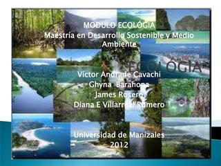 MODULO ECOLÓGIA
Maestría en Desarrollo Sostenible y Medio
               Ambiente



         Víctor Andrade Cavachi
            Ghyna Barahona
              James Rosero
        Diana E Villarreal Romero



        Universidad de Manizales
                  2012
 