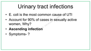 Urinary tract infections
• E. coli is the most common cause of UTI
• Account for 90% of cases in sexually active
women, Why?
• Ascending infection
• Symptoms- ?
 