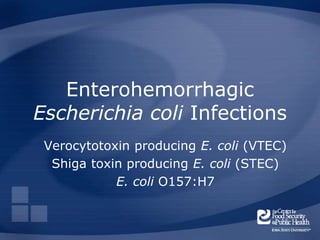 Enterohemorrhagic
Escherichia coli Infections
Verocytotoxin producing E. coli (VTEC)
Shiga toxin producing E. coli (STEC)
E. coli O157:H7
 