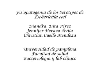 Fisiopatogenia de los Serotipos de
Escherichia coli
Diandra Dita Pérez
Jennifer Herazo Ávila
Christian Cuello Mendoza
Universidad de pamplona
Facultad de salud
Bacteriologia y lab clinico
 