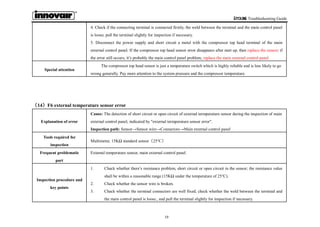 Ecoline Troubleshooting Guide
19
4. Check if the connecting terminal is connected firmly, the weld between the terminal and the main control panel
is loose; pull the terminal slightly for inspection if necessary.
5. Disconnect the power supply and short circuit a metal with the compressor top head terminal of the main
external control panel. If the compressor top head sensor error disappears after start up, then replace the sensor; if
the error still occurs, it’s probably the main control panel problem, replace the main external control panel
Special attention
The compressor top head sensor is just a temperature switch which is highly reliable and is less likely to go
wrong generally. Pay more attention to the system pressure and the compressor temperature.
（14）F6 external temperature sensor error
Explanation of error
Cause: The detection of short circuit or open circuit of external termperature sensor during the inspection of main
external control panel, indicated by "external termperature sensor error".
Inspection path: Sensor→Sensor wire→Connectors→Main external control panel
Tools required for
inspection
Multimeter, 15KΩ standard sensor（25℃）
Frequent problematic
part
External temperature sensor, main external control panel.
Inspection procedure and
key points
1. Check whether there’s resistance problem, short circuit or open circuit in the sensor; the resistance value
shall be within a reasonable range (15KΩ under the temperature of 25℃).
2. Check whether the sensor wire is broken.
3. Check whether the terminal connectors are well fixed; check whether the weld between the terminal and
the main control panel is loose., and pull the terminal slightly for inspection if necessary.
 