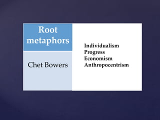 Root
metaphors Individualism
Progress
Economism
AnthropocentrismChet Bowers
 