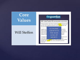 Core
Values
Will Steffen
ECONOMIC
GROWTH IS
THE MAIN
GOAL OF
SOCIETY
 