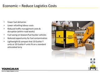 Economic – Reduce Logistics Costs

•

Fewer fuel deliveries

•

Lower refuelling labour costs

•

Reduced traffic management costs &
disruption (within road works)

•

Fuel saving on bowser/fuel bunker vehicles

•

Reduced opportunity for fuel contamination

•

Lightweight & compact that 10 Ecolite-T
units or 20 Ecolite-P units fit on a standard
articulated lorry

 