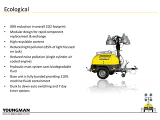 Ecological
•

80% reduction in overall CO2 footprint

•

Modular design for rapid component
replacement & exchange

•

High recyclable content

•

Reduced light pollution (85% of light focused
on task)

•

Reduced noise pollution (single cylinder air
cooled engine)

•

Hydraulic mast system uses biodegradable
fluid

•

Base unit is fully bunded providing 110%
machine fluids containment

•

Dusk to dawn auto switching and 7 day
timer options

 