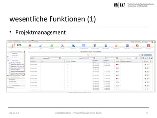 wesentliche Funktionen (1)
• Projektmanagement




20.03.12       eCollaboration - Projektmanagement Tools   4
 