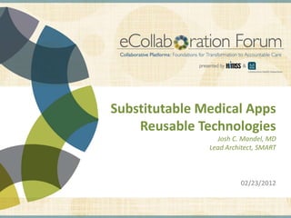 Substitutable Medical Apps
                                                             Reusable Technologies
                                                                                                                             Josh C. Mandel, MD
                                                                                                                           Lead Architect, SMART



                                                                                                                                                02/23/2012


DISCLAIMER: The views and opinions expressed in this presentation are those of the author and do not necessarily represent official policy or position of HIMSS.
 