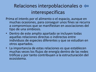 Relaciones interpoblacionales o
             interespecificas
Prima el interés por el alimento o el espacio, aunque en
   muchas ocasiones, para conseguir unos fines se recurra
   a compromisos que se manifiestan en asociaciones del
   tipo de una simbiosis.
• Dentro de este amplio apartado se incluyen todas
   aquellas relaciones directas o indirectas entre
   individuos de especies diferentes y que se estudian en
   otros apartados.
• La importancia de estas relaciones es que establecen
   muchas veces los flujos de energía dentro de las redes
   tróficas y por tanto contribuyen a la estructuración del
   ecosistema.
 