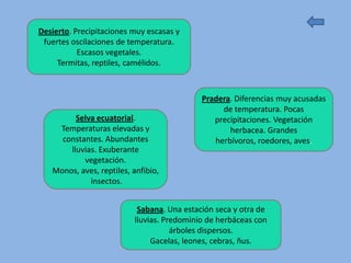 Desierto. Precipitaciones muy escasas y
 fuertes oscilaciones de temperatura.
           Escasos vegetales.
     Termitas, reptiles, camélidos.



                                            Pradera. Diferencias muy acusadas
                                                 de temperatura. Pocas
         Selva ecuatorial.                     precipitaciones. Vegetación
    Temperaturas elevadas y                        herbacea. Grandes
     constantes. Abundantes                    herbívoros, roedores, aves.
       lluvias. Exuberante
           vegetación.
   Monos, aves, reptiles, anfibio,
             insectos.


                           Sabana. Una estación seca y otra de
                          lluvias. Predominio de herbáceas con
                                     árboles dispersos.
                               Gacelas, leones, cebras, ñus.
 