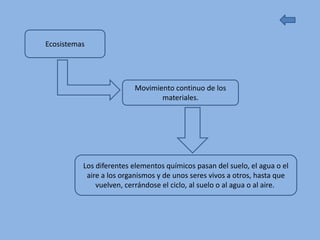 Ecosistemas




                         Movimiento continuo de los
                                materiales.




          Los diferentes elementos químicos pasan del suelo, el agua o el
           aire a los organismos y de unos seres vivos a otros, hasta que
              vuelven, cerrándose el ciclo, al suelo o al agua o al aire.
 