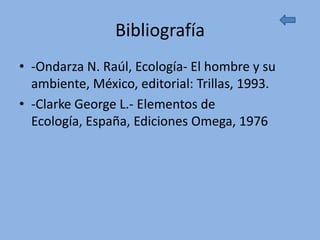 Bibliografía
• -Ondarza N. Raúl, Ecología- El hombre y su
  ambiente, México, editorial: Trillas, 1993.
• -Clarke George L.- Elementos de
  Ecología, España, Ediciones Omega, 1976
 