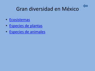 Gran diversidad en México
• Ecosistemas
• Especies de plantas
• Especies de animales
 