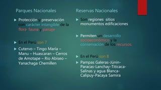 Parques Nacionales
 Protección y preservación
con carácter intangible de la
flora, fauna y paisaje
 En el Perú son 7
 Cutervo – Tingo María –
Manu – Huascaran – Cerros
de Amotape – Rio Abiseo –
Yanachaga Chemillen
Reservas Nacionales
 Son regiones, sitios,
monumentos edificaciones
 Permiten un desarrollo
socioeconómico y la
conservación de los recursos.
 En el Perú son 8
 Pampas Galeras-Júnin-
Paracas-Lanchay-Titicaca-
Salinas y agua Blanca-
Calipuy-Pacaya Samira
 