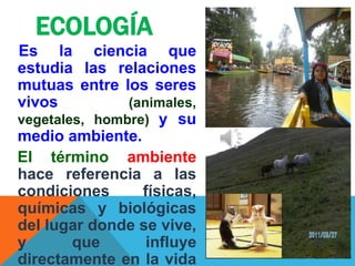 ECOLOGÍA
Es la ciencia que
estudia las relaciones
mutuas entre los seres
vivos (animales,
vegetales, hombre) y su
medio ambiente.
El término ambiente
hace referencia a las
condiciones físicas,
químicas y biológicas
del lugar donde se vive,
y que influye
directamente en la vida
 