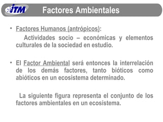 Factores Ambientales Factores Humanos (antrópicos) : Actividades socio – económicas y elementos culturales de la sociedad en estudio. El  Factor Ambiental  será entonces la interrelación  de los demás factores, tanto bióticos como abióticos en un ecosistema determinado. La siguiente figura representa el conjunto de los factores ambientales en un ecosistema. 