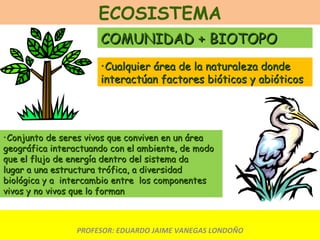 PROFESOR: EDUARDO JAIME VANEGAS LONDOÑO ECOSISTEMA COMUNIDAD + BIOTOPO Cualquier área de la naturaleza donde interactúan factores bióticos y abióticos Conjunto de seres vivos que conviven en un área  geográfica interactuando con el ambiente, de modo que el flujo de energía dentro del sistema da  lugar a una estructura trófica, a diversidad  biológica y a  intercambio entre  los componentes vivos y no vivos que lo forman 
