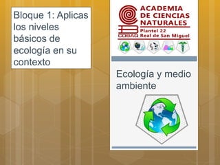 Ecología y medio
ambiente
Bloque 1: Aplicas
los niveles
básicos de
ecología en su
contexto
 
