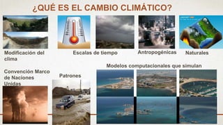 ¿QUÉ ES EL CAMBIO CLIMÁTICO?
Modificación del
clima
Convención Marco
de Naciones
Unidas
Patrones
Escalas de tiempo
Modelos computacionales que simulan
Antropogénicas Naturales
 